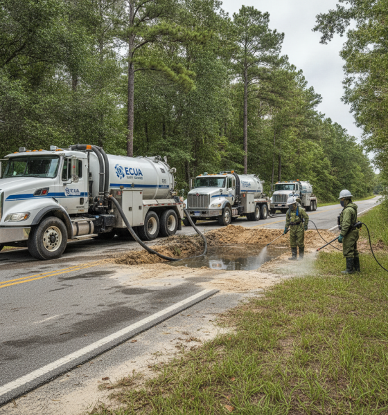 ECUA crews working to contain a sewage spill on East Kingsfield Road with vacuum — ECUA sewage spill East Kingsfield Road