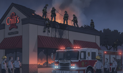 Firefighters respond to a blaze at Chili's in Pensacola, with smoke rising and emergency v — incendio en Chili's Pensacola