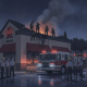 Firefighters respond to a blaze at Chili's in Pensacola, with smoke rising and emergency v — incendio en Chili's Pensacola