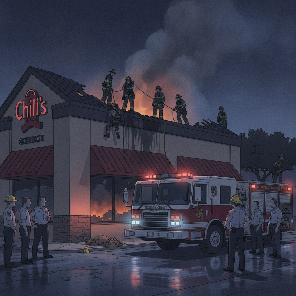 Firefighters respond to a blaze at Chili's in Pensacola, with smoke rising and emergency v — incendio en Chili's Pensacola