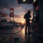 A silhouette of a person at a gas pump with prices at $4.05, cars in the background during su — Escambia County Gas Prices