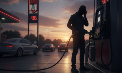 A silhouette of a person at a gas pump with prices at $4.05, cars in the background during su — Escambia County Gas Prices