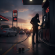 A silhouette of a person at a gas pump with prices at $4.05, cars in the background during su — Escambia County Gas Prices