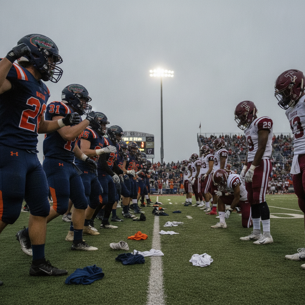 Escambia and Tate football players line up on the field, showcasing a tense moment befor — Escambia vs Tate Football Score