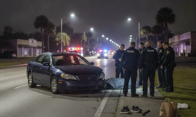 Police officers investigate a fatal pedestrian crash scene on North W St — Fatal Pedestrian Crash North W Street Pensacola