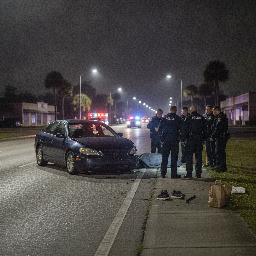 Police officers investigate a fatal pedestrian crash scene on North W St — Fatal Pedestrian Crash North W Street Pensacola