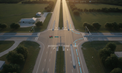 Aerial view of a highway intersection showing a proposed traffic signal and U-turn design for Highway 29 Barrineau Park Road.