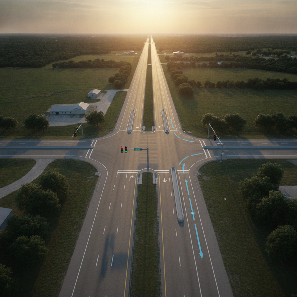 Aerial view of a highway intersection showing a proposed traffic signal and U-turn design for Highway 29 Barrineau Park Road.