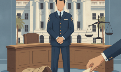 Illustration of a postal worker in uniform standing near a bag of stolen mail in — Tallahassee postal employee mail theft