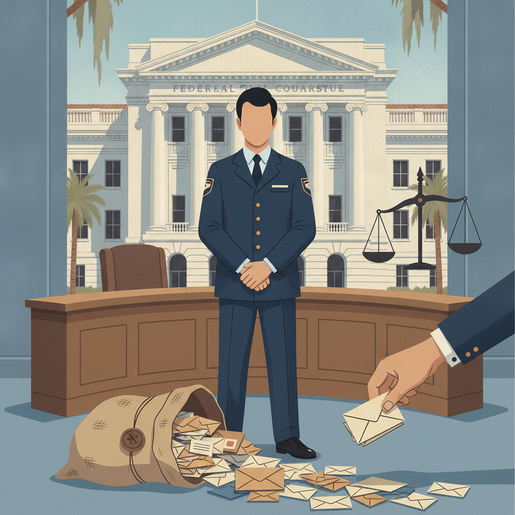 Illustration of a postal worker in uniform standing near a bag of stolen mail in — Tallahassee postal employee mail theft