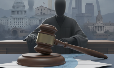 A gavel on documents with a shadowy judge silhouette and iconic U.S. landmarks in t — trump executive order mail in voting