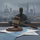 A gavel on documents with a shadowy judge silhouette and iconic U.S. landmarks in t — trump executive order mail in voting