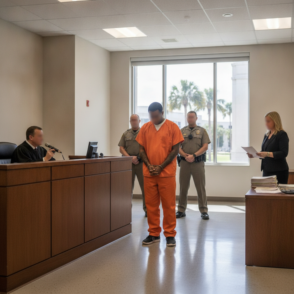 A man in an orange jumpsuit stands before a judge in a courtroom, flanked by law enforce — Jeremy Jovan Randolph sentenced
