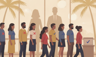 A diverse group of voters in line at a polling station with palm trees in the background, r — Florida Hispanic voters poll