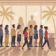 A diverse group of voters in line at a polling station with palm trees in the background, r — Florida Hispanic voters poll