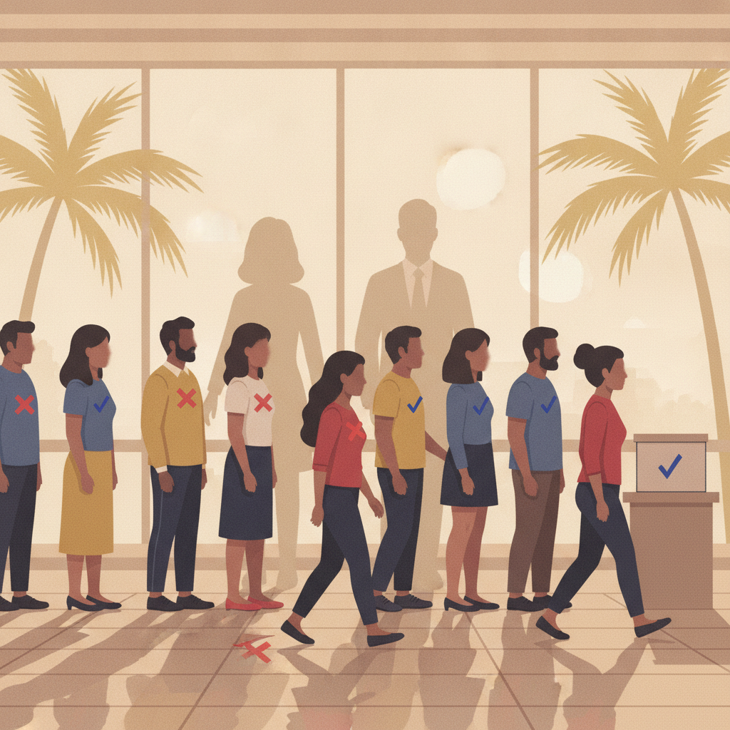 A diverse group of voters in line at a polling station with palm trees in the background, r — Florida Hispanic voters poll