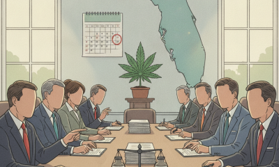 A meeting room with officials discussing Florida medical marijuana rescheduling, featuring a cannabis plant and a calendar.