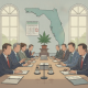 A meeting room with officials discussing Florida medical marijuana rescheduling, featuring a cannabis plant and a calendar.