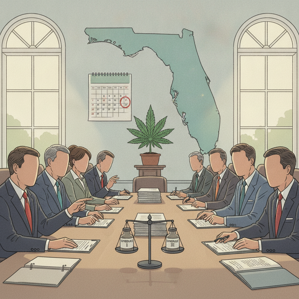 A meeting room with officials discussing Florida medical marijuana rescheduling, featuring a cannabis plant and a calendar.