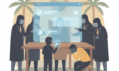 Illustration depicting a child interacting with a digital interface while adults in suits observe — florida openai lawsuit