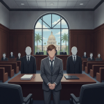 A courtroom scene with a man in a suit standing before a judge, surrounded by faceless figures. — Keagan Garrett Bohlinger