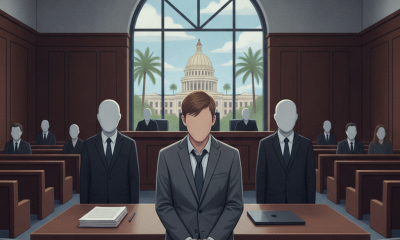 A courtroom scene with a man in a suit standing before a judge, surrounded by faceless figures. — Keagan Garrett Bohlinger