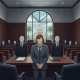 A courtroom scene with a man in a suit standing before a judge, surrounded by faceless figures. — Keagan Garrett Bohlinger