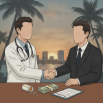 Two faceless men shake hands over a table with money and a prescription bottle, set against a sunset — Dr Twan Phanijphand