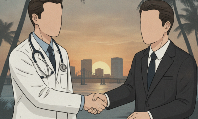 Two faceless men shake hands over a table with money and a prescription bottle, set against a sunset — Dr Twan Phanijphand