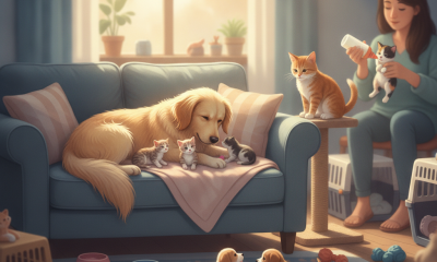 A cozy living room scene with a golden retriever resting on a couch surrounded by kittens, while a — foster pets pensacola