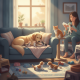 A cozy living room scene with a golden retriever resting on a couch surrounded by kittens, while a — foster pets pensacola