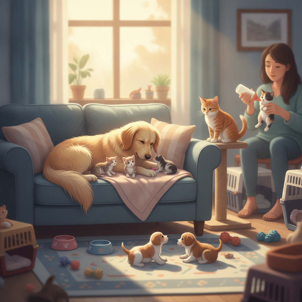 A cozy living room scene with a golden retriever resting on a couch surrounded by kittens, while a — foster pets pensacola