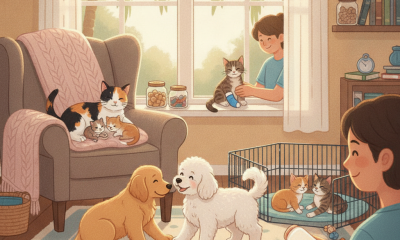 A cozy living room scene with a boy caring for kittens, two puppies playing, and cats lounging on — foster pets pensacola