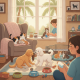A cozy living room scene with a boy caring for kittens, two puppies playing, and cats lounging on — foster pets pensacola