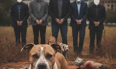 A group of men in suits stands behind a dog in a field, with money and dog fighting — Gainesville dog fighting indictment