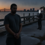 Two men stand on a pier at sunset, one reading a document while the other looks o — illegal alien gun possession Pensacola