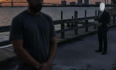 Two men stand on a pier at sunset, one reading a document while the other looks o — illegal alien gun possession Pensacola