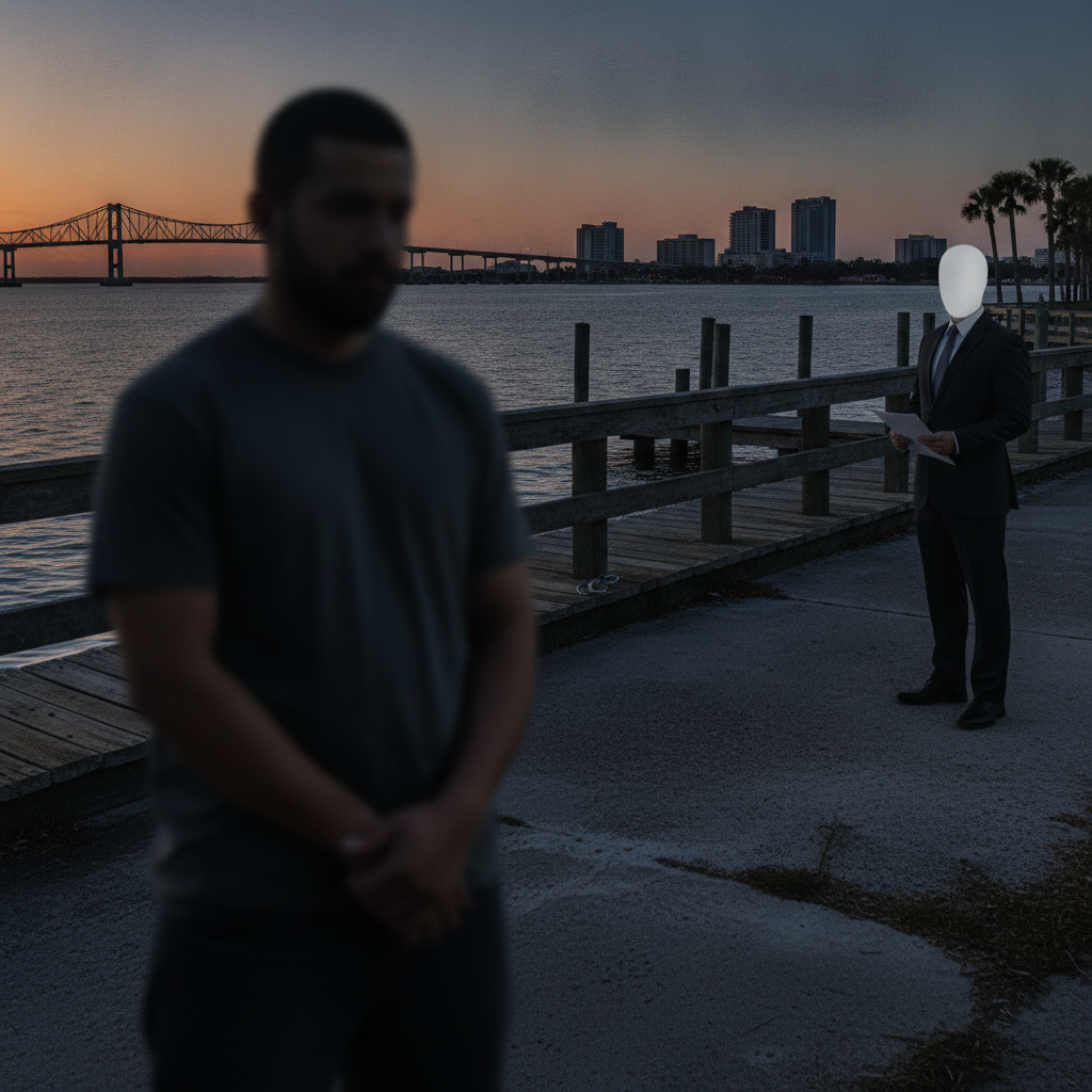 Two men stand on a pier at sunset, one reading a document while the other looks o — illegal alien gun possession Pensacola
