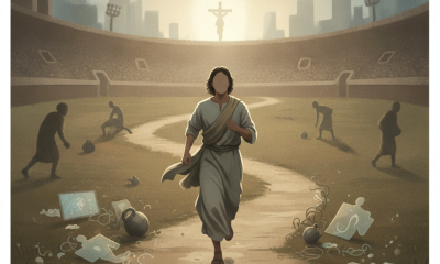 An illustration depicting a figure in a robe running on a track, symbolizing perseverance in faith, with di — Hebreos 12:1