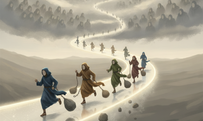 Illustration depicting figures in robes running along a winding path, symbolizing the journey of faith from Hebreos 12:1.