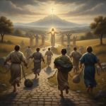 A group of people in ancient attire running towards a radiant figure of Jesus, symbolizing fait — Hebrews 12 1 daily verse