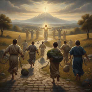 A group of people in ancient attire running towards a radiant figure of Jesus, symbolizing fait — Hebrews 12 1 daily verse