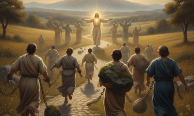 A group of people in ancient attire running towards a radiant figure of Jesus, symbolizing fait — Hebrews 12 1 daily verse