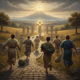 A group of people in ancient attire running towards a radiant figure of Jesus, symbolizing fait — Hebrews 12 1 daily verse
