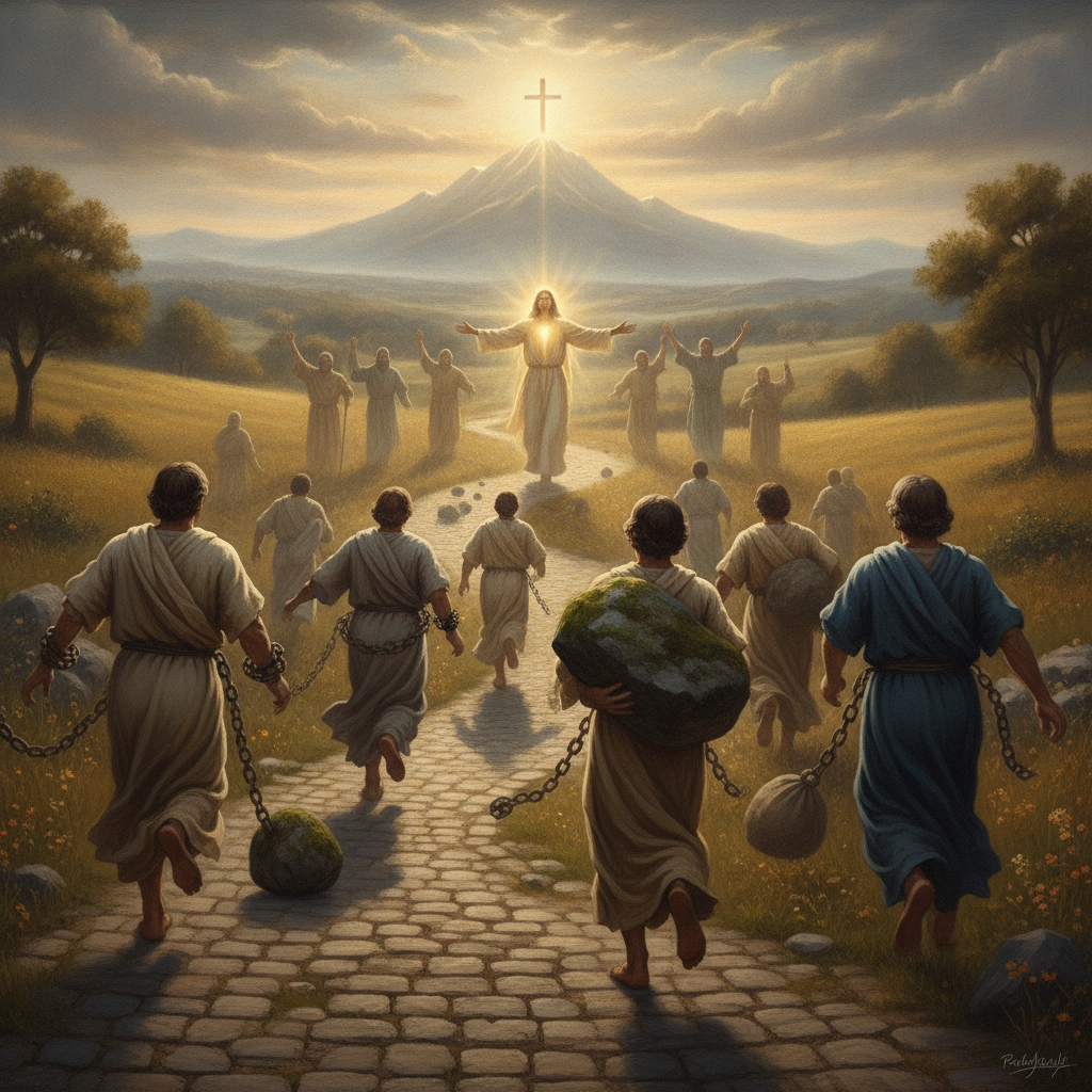A group of people in ancient attire running towards a radiant figure of Jesus, symbolizing fait — Hebrews 12 1 daily verse
