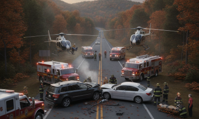Emergency responders at a crash scene on Highway 97 with two vehicles and helicopters in a — Highway 97 Crash Walnut Hill