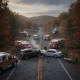 Emergency responders at a crash scene on Highway 97 with two vehicles and helicopters in a — Highway 97 Crash Walnut Hill
