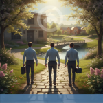 Three men in business attire walking towards a serene landscape with a bridge and houses, — Pathways for Change Pensacola
