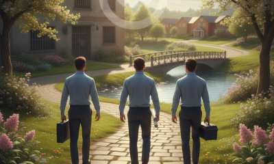Three men in business attire walking towards a serene landscape with a bridge and houses, — Pathways for Change Pensacola