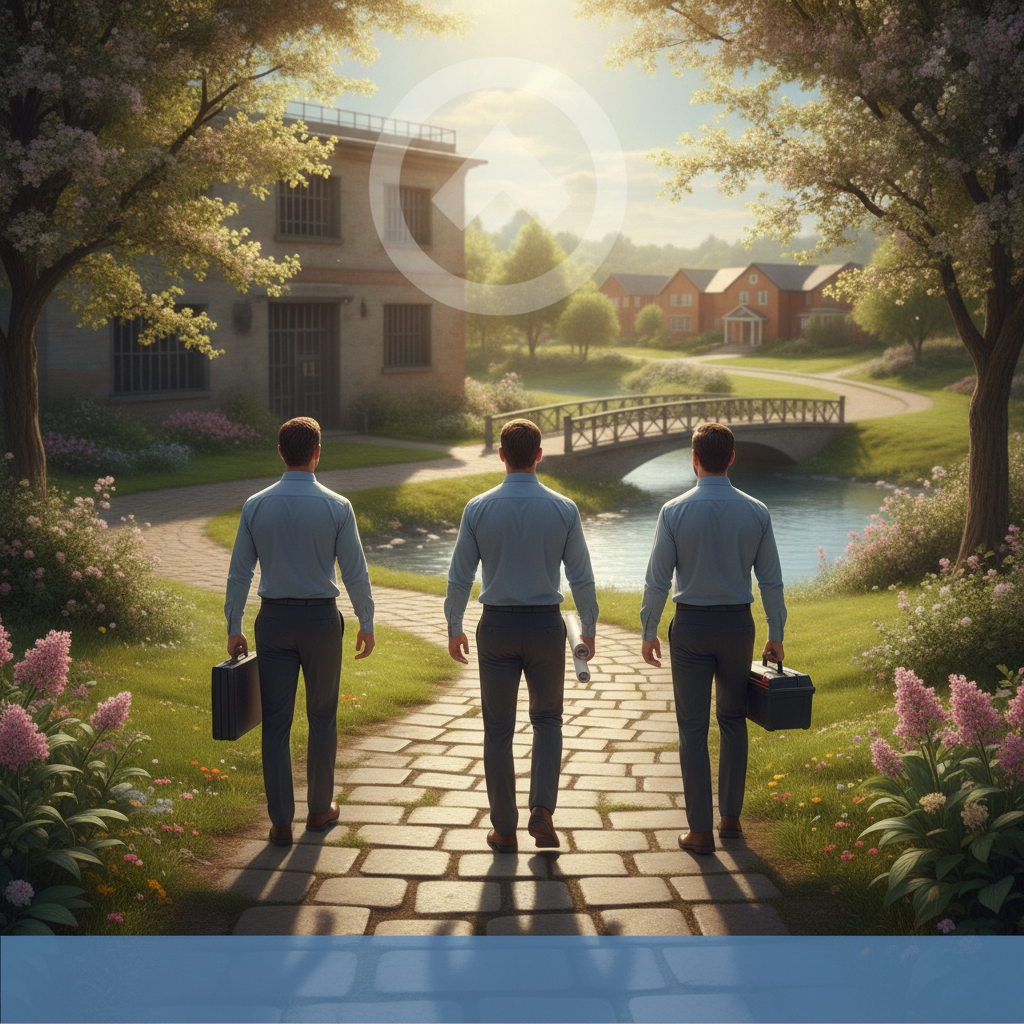 Three men in business attire walking towards a serene landscape with a bridge and houses, — Pathways for Change Pensacola